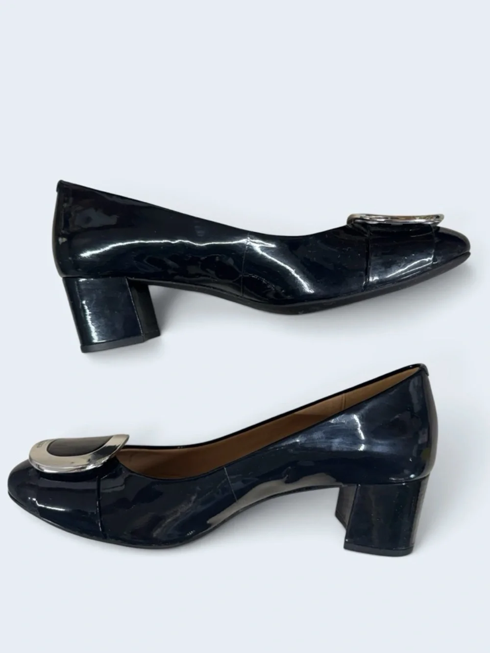 Michael Kors Black Patent Block Heel Pumps with Silver Buckle Size 7.5